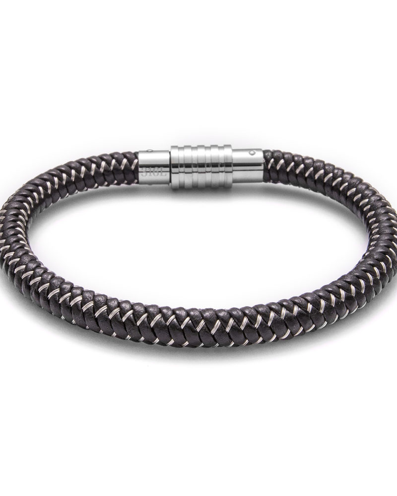 Steel Weave Leather Bracelet Obsidian